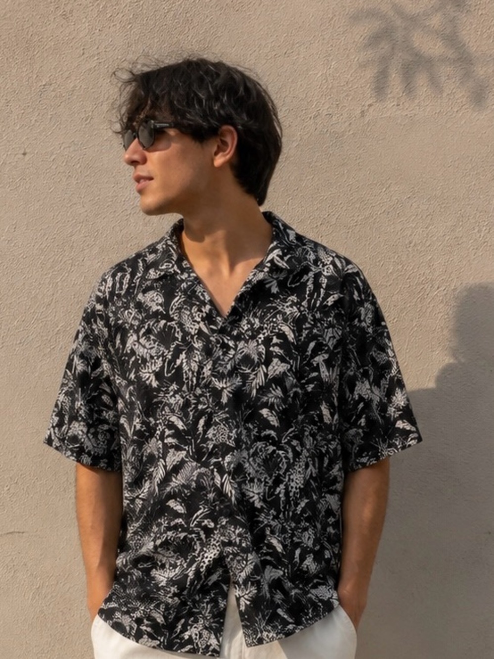 Sun + Stone Black & White Tropical Print Camp Shirt